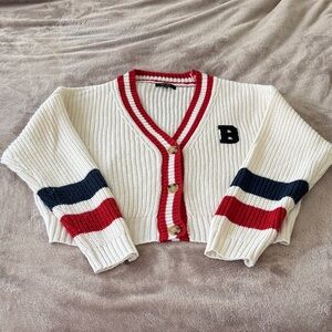 Big Girls size Large White and Red Varsity Cardigan Sweater